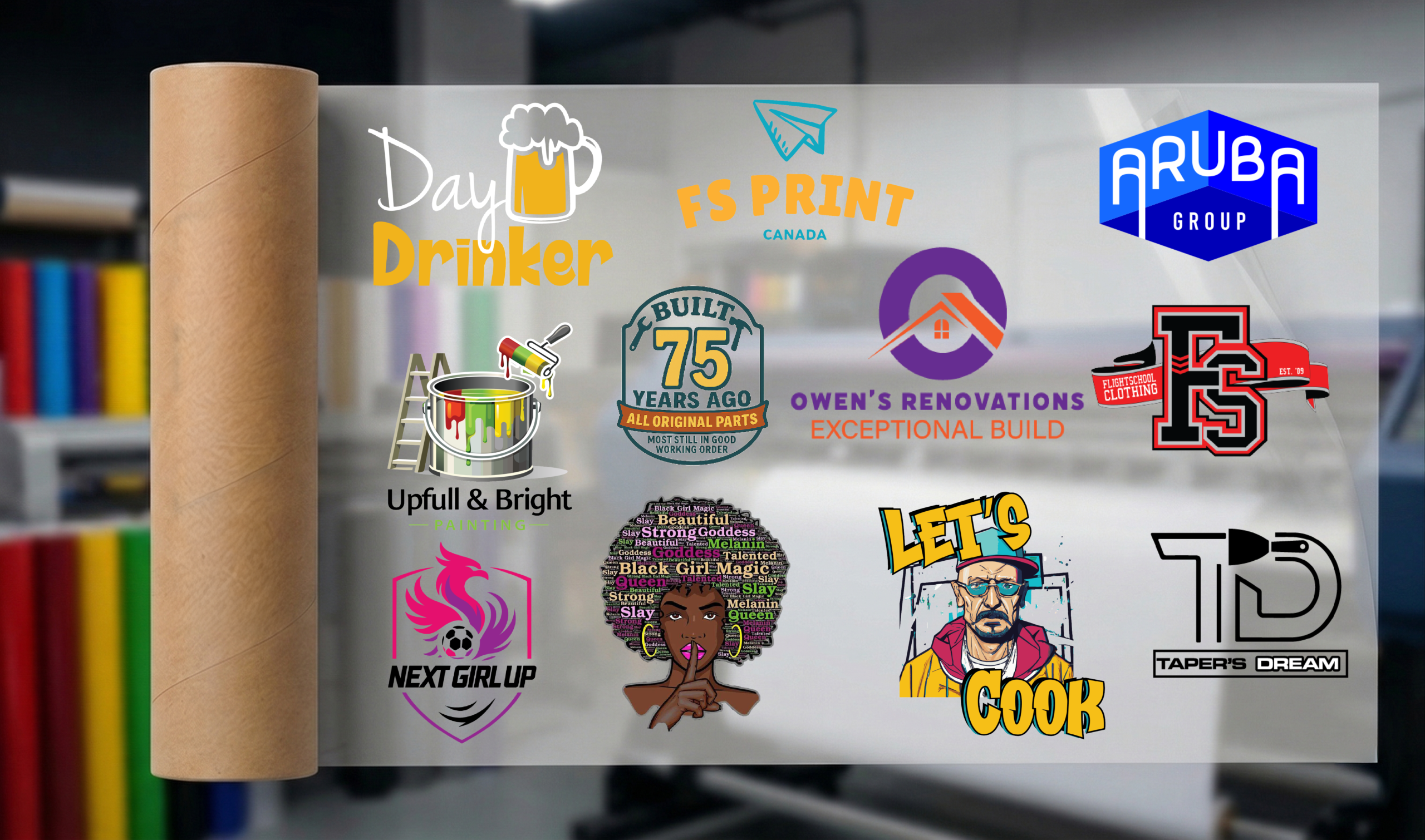 FlightSchoolClothing - Professional DTF TransferFilmRoll A detailed photograph of a large, unfurled roll of clear industrial DTF transfer film, showcasing the transparent texture against a blurred print shop background.