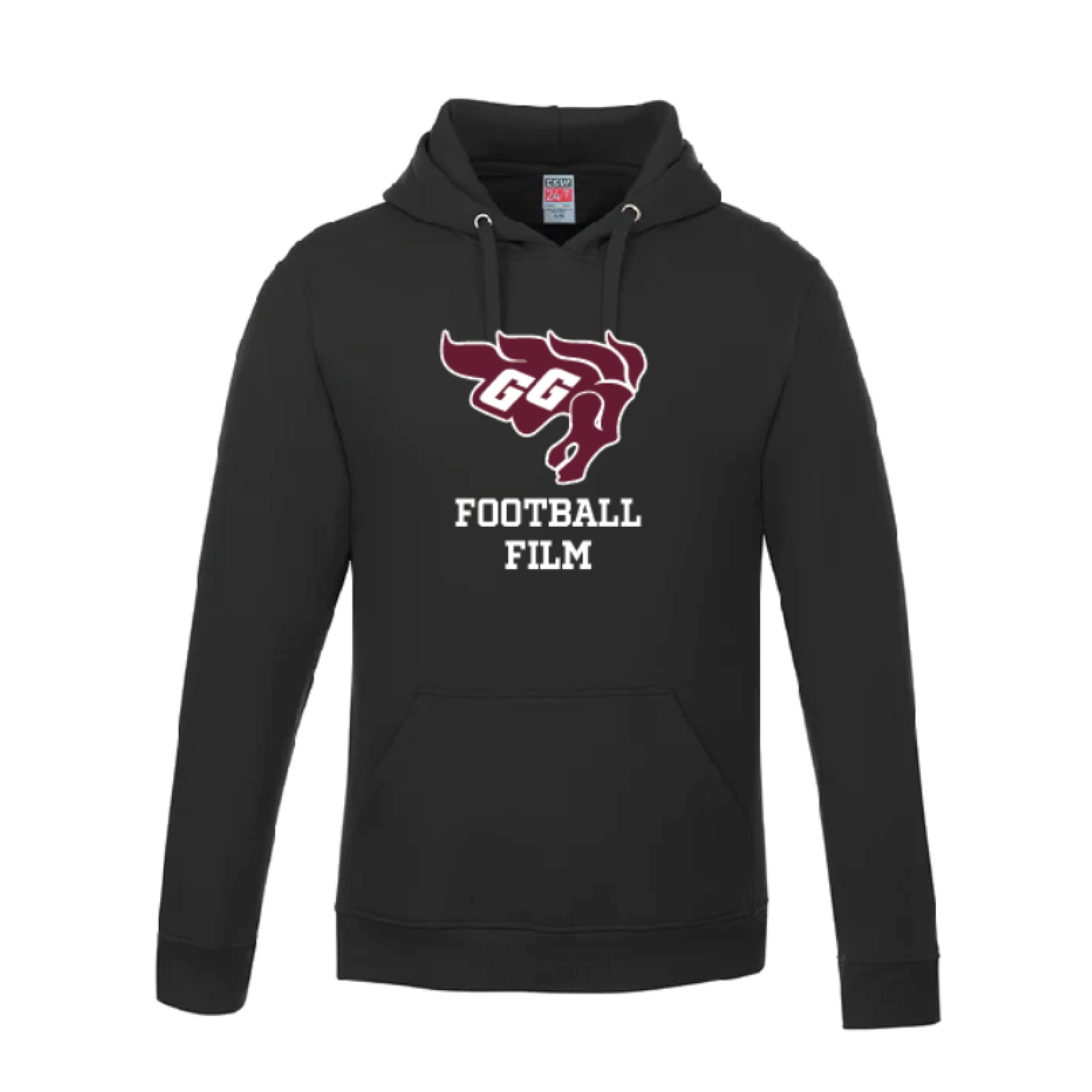 Custom Football Team Hoodie A professional product mockup of a black custom hoodie featuring a maroon and white "GG" horse head logo with the text "FOOTBALL FILM" in white athletic block lettering. The design is centered on a premium heavy-cotton pullover hoodie with silver-tipped drawstrings.