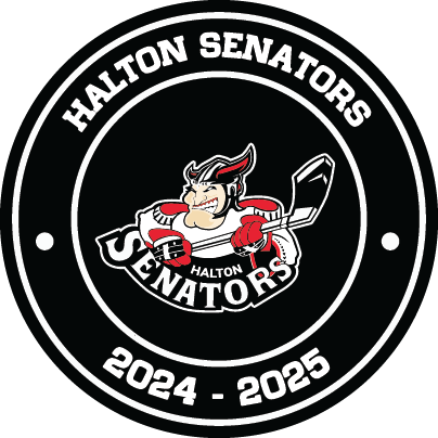 Halton Senators Hockey Team Logo - Custom Season Apparel 2024-2025 A circular hockey team logo for the Halton Senators 2024-2025 season. The design features a central cartoon mascot of a senator holding a hockey stick, set against a bold black background with white athletic typography. Professional-grade UV printed design for youth hockey jerseys and apparel.