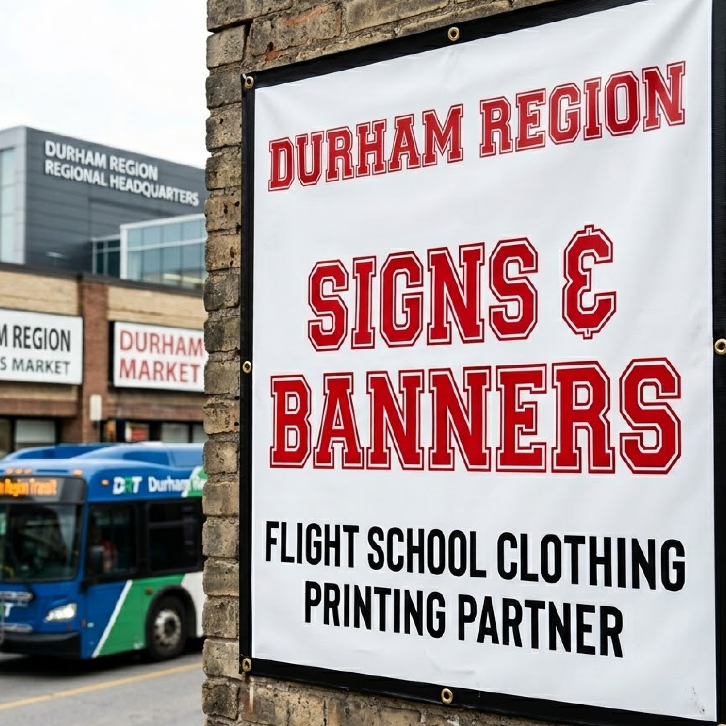 Durham Region Custom Signs and Banners - Flight School Clothing Printing Partner A professional large-format vinyl banner for "Durham Region Signs & Banners" hanging on a weathered brick wall. The banner features bold Varsity Red and black text identifying Flight School Clothing as a printing partner. In the blurred background, a Durham Region Transit (DRT) bus passes by the Durham Region Regional Headquarters in downtown Oshawa.